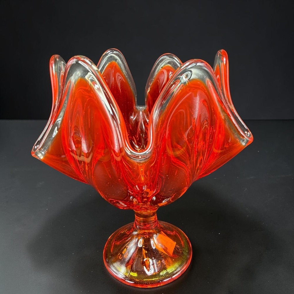 Viking Glass Epic 6Petal Persimmon Orange Cadmium UV Glow Footed Bowl 6.5in